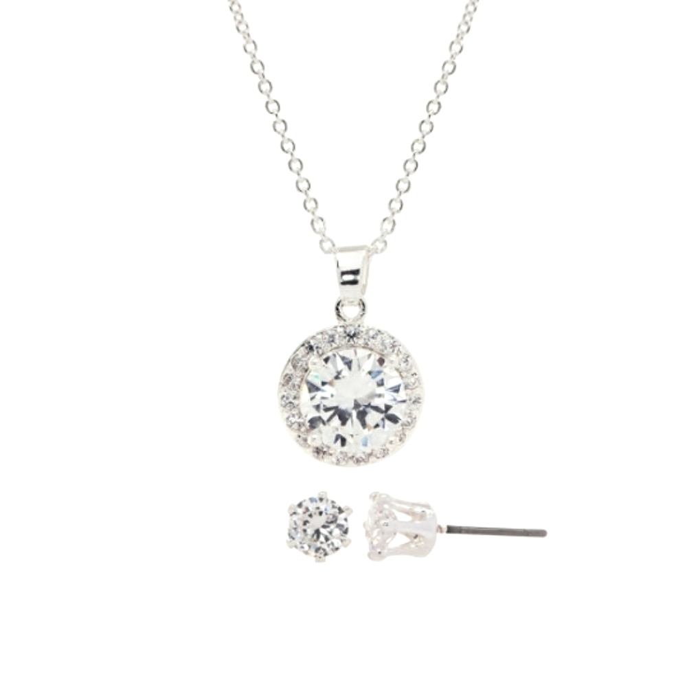 Diamond Halo Pendant and Earring Set